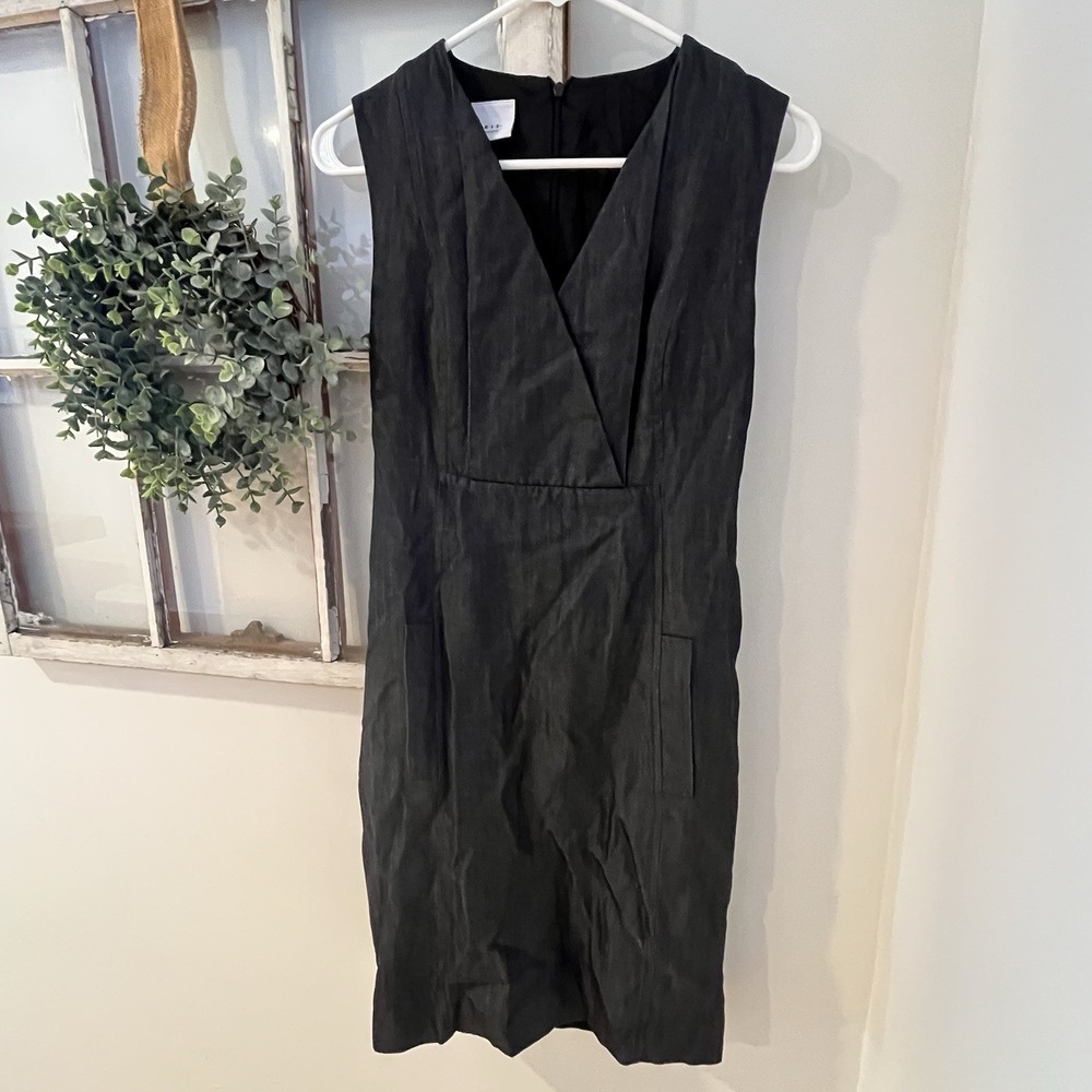 AKRIS PUNTO Womens Gray Black Wool Flax V-Neck Sleeveless Sheath Dress 6 *Read